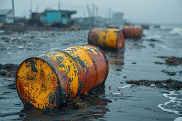 Oil barrel floating in icy water