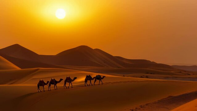 A caravan of camels treads between sun-drenched sand dunes, their long shadows stretching across the desert floor. Under a vermillion sky, golden sands shimmer vastly in all directions. 