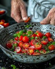 chef preparing Roasted cherry tomatoes with basil close up