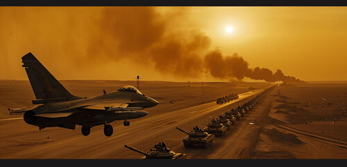 Fototapeta na wymiar Bathed in the golden hues of twilight, an army jet escorts a convoy of tanks on a barren road, their synchronized movement a testament to military strength