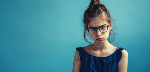 In front of a gentle blue background, a teenage girl wearing glasses and a dark blue dress furrows her brow in concentration, lost in thought as she contemplates deeply against the serene backdrop
