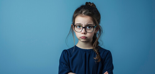 In front of a gentle blue background, a teenage girl wearing glasses and a dark blue dress furrows her brow in concentration, lost in thought as she contemplates deeply against the serene backdrop