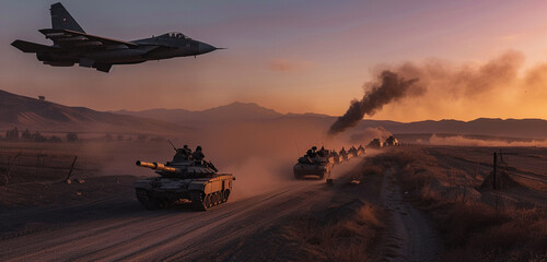 Under the fading light of the sunset, an army jet accompanies a tank convoy on a dusty road, their formidable presence juxtaposed against tranquil evening sky. A plume of smoke rises in the distance - obrazy, fototapety, plakaty