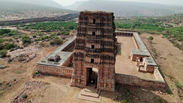 ancient gandikota Madhavaraya Swamy Temple aerial view, orbit drone shot at andhra pradesh, india