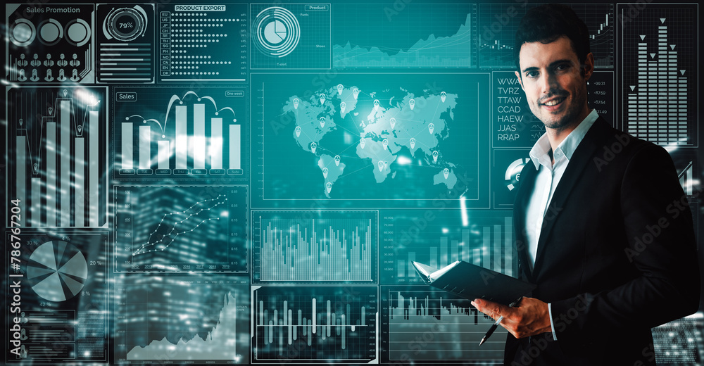 Poster data analysis for business and finance concept. interface showing future computer technology of prof