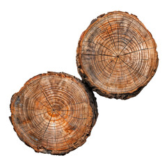 Wooden natural cut logs, top view isolated on white background