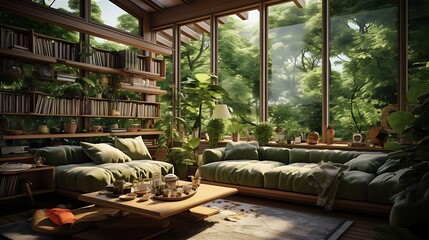 Home Interior with green lawn  