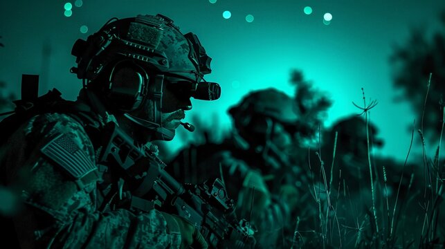 A stealthy night operation by modern special forces, equipped with night vision goggles and moving silently through a hostile environment, illustrating the precision