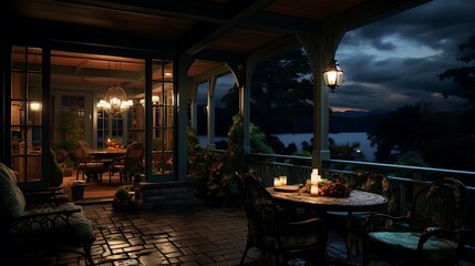 Home with veranda at night 