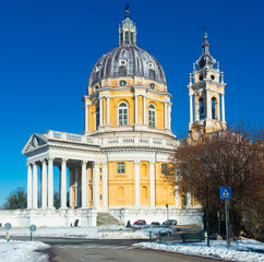 Winter landscape with Basilica of Superga in sunny day, Turin, Italy