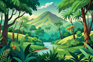 Green Jungle Landscape cartoon vector Illustration flat style artwork concept