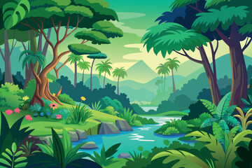 Fototapeta na wymiar Green Jungle Landscape cartoon vector Illustration flat style artwork concept