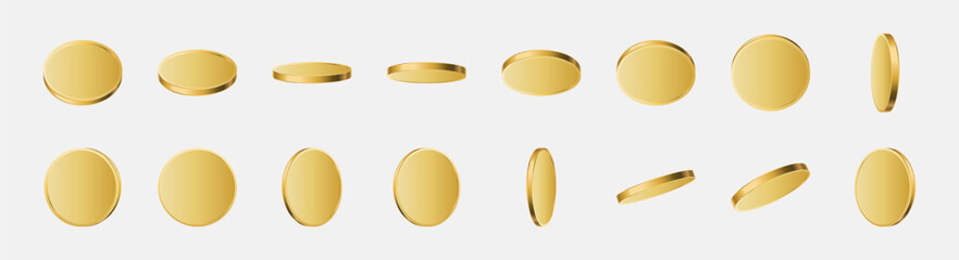 Set of stacked gold blank metal coins, 3D realistic