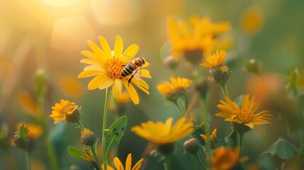 Honey bee and beautiful yellow flower spring summer season Wild nature landscape banner beauty in...