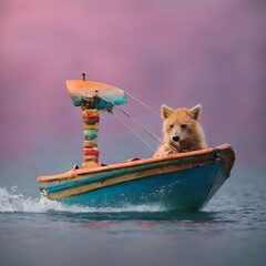 Obraz premium Dog on a boat on sea river beautiful nature animal travel ship boatimage Generative Ai.