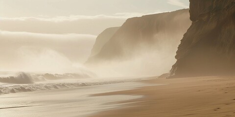 Amazing ocean coast in white fog. A calm and mysterious landscape. Space to copy. Generative AI
