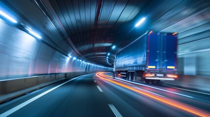 Fototapeta premium A truck speeding through a tunnel, the lines of lights along the walls stretching into streaks, emphasizing the feeling of acceleration and the journey through the arterial roads of commerce.