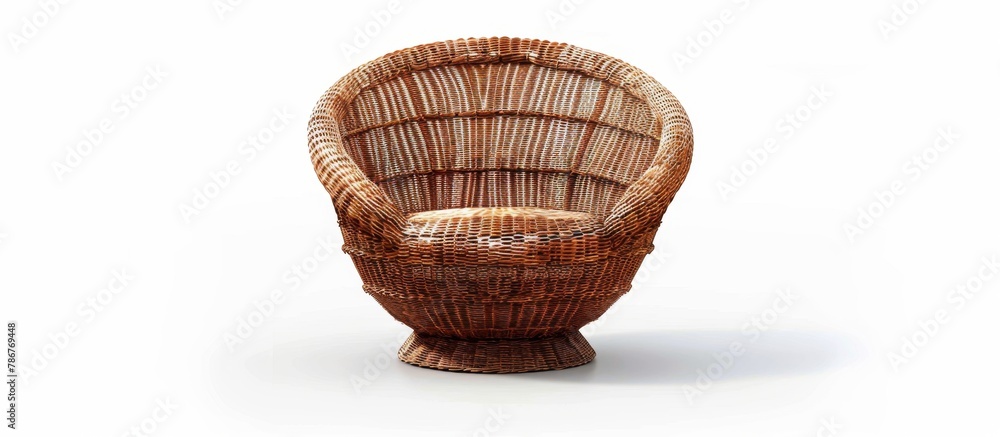 Poster a close-up photo showing a single wicker chair positioned in front of a simple white background