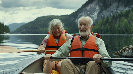 A happy retired couple paddles a canoe on a lake. To prevent accidents, both of them must wear life jackets and sunglasses. - obrazy, fototapety, plakaty