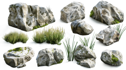 Assorted Isolated Rocks and Plants on Transparent Background - A Transparent PNG Collection of Realistic Stones and Greenery for Landscaping Design