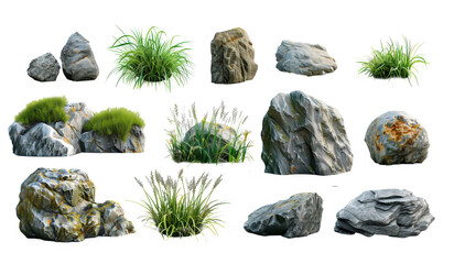 Assorted Isolated Rocks and Plants on Transparent Background - A Transparent PNG Collection of Realistic Stones and Greenery for Landscaping Design