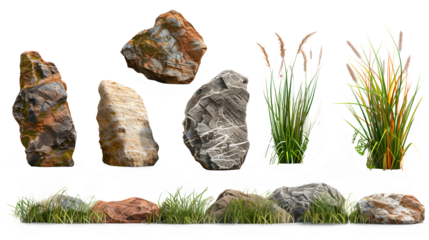 Assorted Isolated Rocks and Plants on Transparent Background - A Transparent PNG Collection of Realistic Stones and Greenery for Landscaping Design