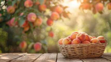 Blurred background with a wooden table displaying a wicker basket filled with peaches