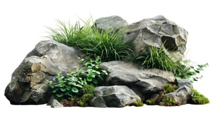 Assorted Isolated Rocks and Plants on Transparent Background - A Transparent PNG Collection of Realistic Stones and Greenery for Landscaping Design
