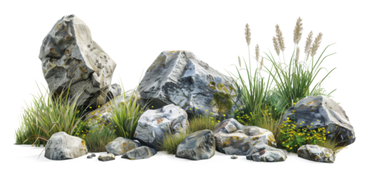 Assorted Isolated Rocks and Plants on Transparent Background - A Transparent PNG Collection of Realistic Stones and Greenery for Landscaping Design