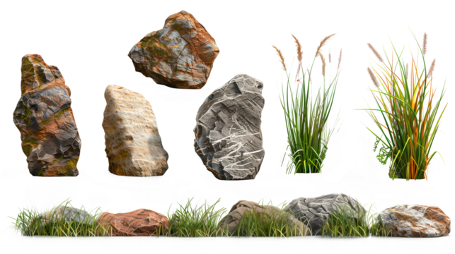 Assorted Isolated Rocks and Plants on Transparent Background - A Transparent PNG Collection of Realistic Stones and Greenery for Landscaping Design