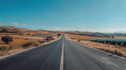 Fototapeta premium An empty, open road stretching into the horizon under a clear sky, the simplicity of the scene evoking a sense of freedom and endless possibility.