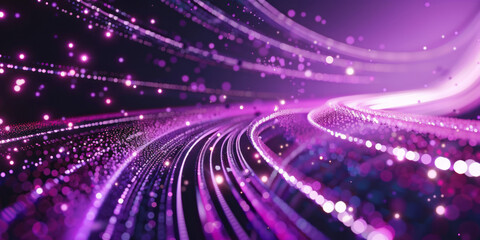 An abstract purple background features curved lines and glowing elements, symbolizing the speed of digital data transfer in a futuristic technology concept. - obrazy, fototapety, plakaty