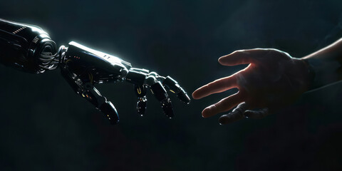 A robot hand extends towards a human's palm on a black background, symbolizing the evolving harmony between humans and AI technology.