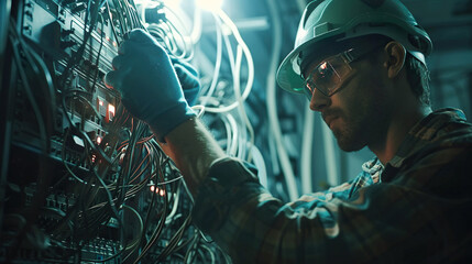 Professional electrician works in a switchboard with many electrical connection cables. Electrical repairman to prevent accidents Must have complete protective. - obrazy, fototapety, plakaty