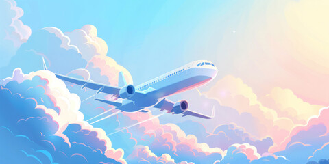 A banner design for an airplane company's website features a plane flying in a blue sky with white clouds, in a minimalistic design against a white background.