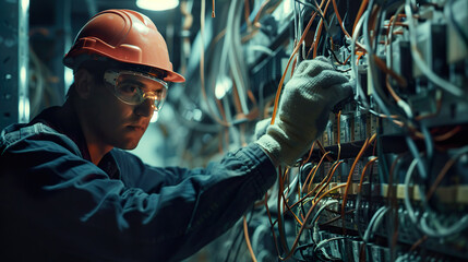 Obraz premium Professional electrician works in a switchboard with many electrical connection cables. Electrical repairman to prevent accidents Must have complete protective.