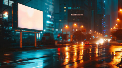 A blank white billboard is positioned on the street-facing wall of modern buildings, with city lights in the background, serving as a mockup for advertising and banner design. - obrazy, fototapety, plakaty
