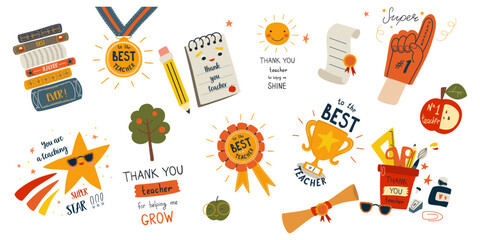 Thank you teacher set of cute greeting cards with apple, books, star, medal, champion cup, stationery supplies, notes. Vector cartoon teachers day awards collection isolated on white background. - 786770245