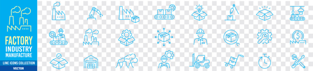 Factory icon set. Industry factory mass production manufacture machine fabrication goods editable stroke line vector icons collection. - obrazy, fototapety, plakaty