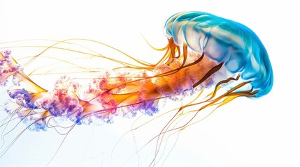 A jellyfish with soft color gradients is isolated on a white background. - obrazy, fototapety, plakaty