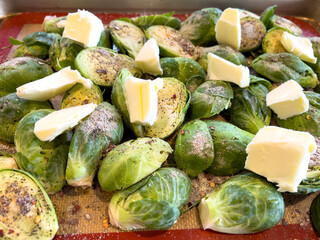 Fresh Brussels Sprouts with Butter Chunks Ready for Roasting - 786770402