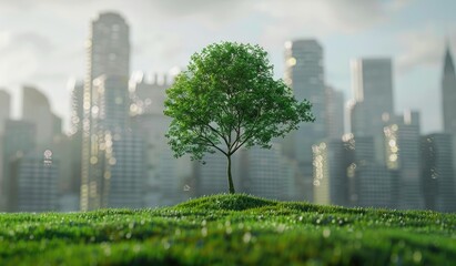 A tree in the middle of a grass field with a city on the back, nature, green, beautiful view, created with AI