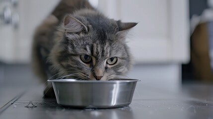 Grey British tabby cat eating wet food from a metal bowl in a vet clinic while getting vaccinated and health check up - obrazy, fototapety, plakaty
