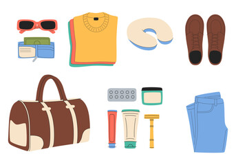 Travel stuff. Various luggage bags, suitcases, cosmetics, clothes. Vacation, holiday. Hand drawn vector set.