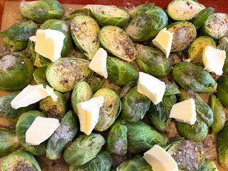 Fresh Brussels Sprouts with Butter Chunks Ready for Roasting - 786770496