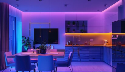 Futuristic interior living room design with neon lights, created with AI