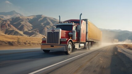 An iconic, brightly colored truck cruising along a desert freeway, the heat haze and the blurred scenery alongside creating a sense of speed and the timeless allure of cross-country trucking.
