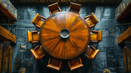 Bird's-eye view of a round dining table surrounded by chairs.