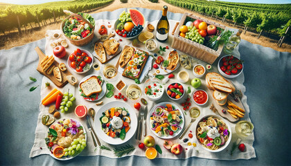 Top-down view of an Italian summer picnic scene, featuring fresh salads, bruschetta, cold pasta, seasonal fruits, and chilled white wine, set outdoors