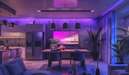 Futuristic interior living room design with neon lights, created with AI